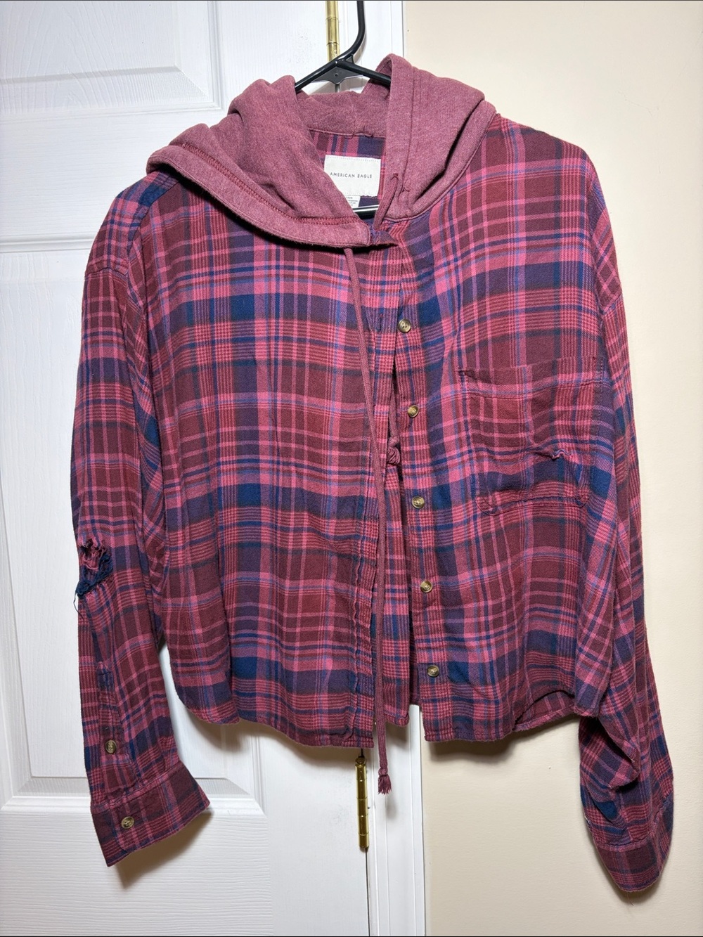 American Eagle distressed Plaid Button-Front Hoodie crop Shirt